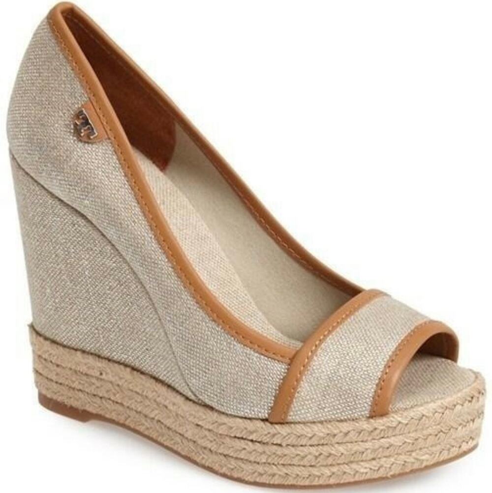 Tory Burch Womens Majorca Espadrille Wedges Neutral Canvas Leather Size 38/7-7.5